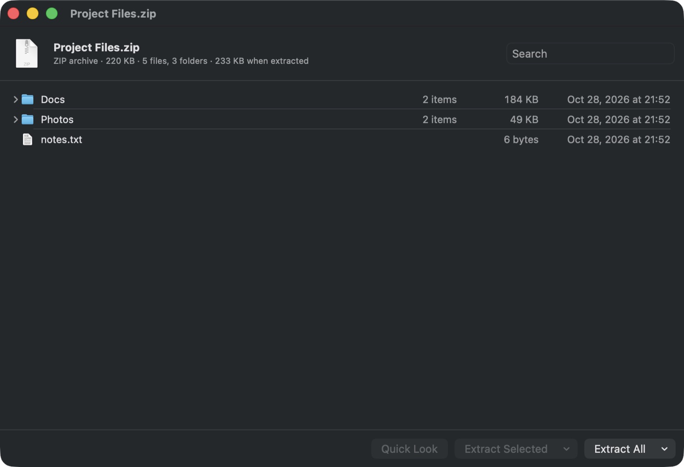 Archive preview window listing folders and files inside a ZIP