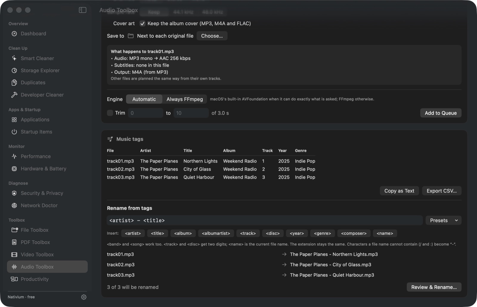Audio Toolbox with a music tag table and rename preview