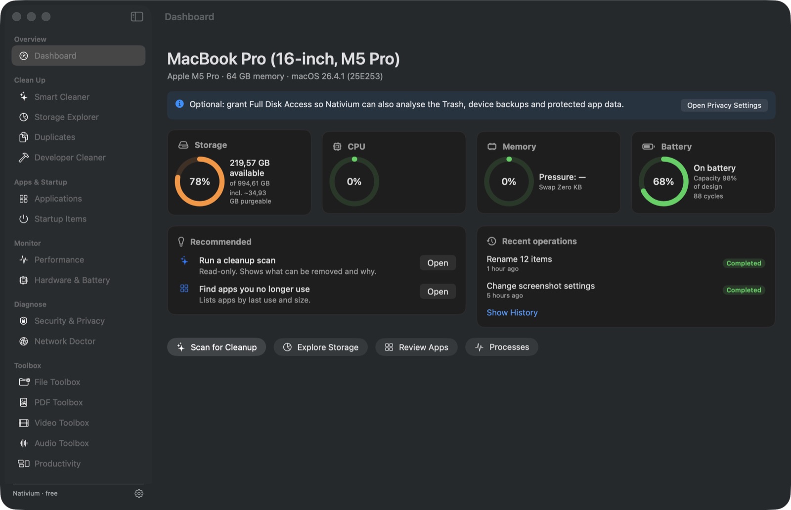 Nativium dashboard: storage, CPU, memory and battery at a glance