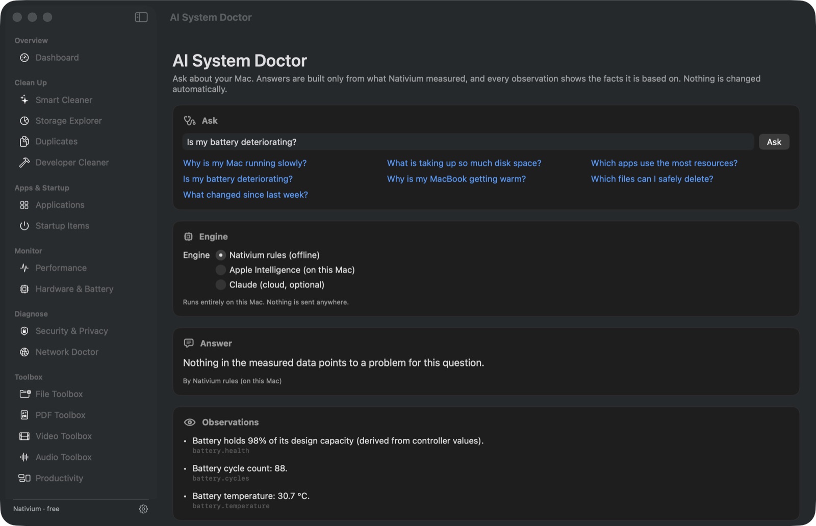 AI System Doctor answering a question about battery health with the measured facts
