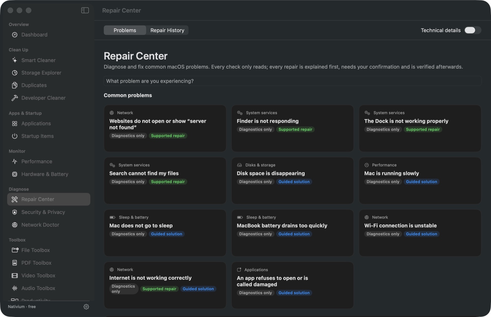 Repair Center listing common problems with their diagnostics and supported repairs