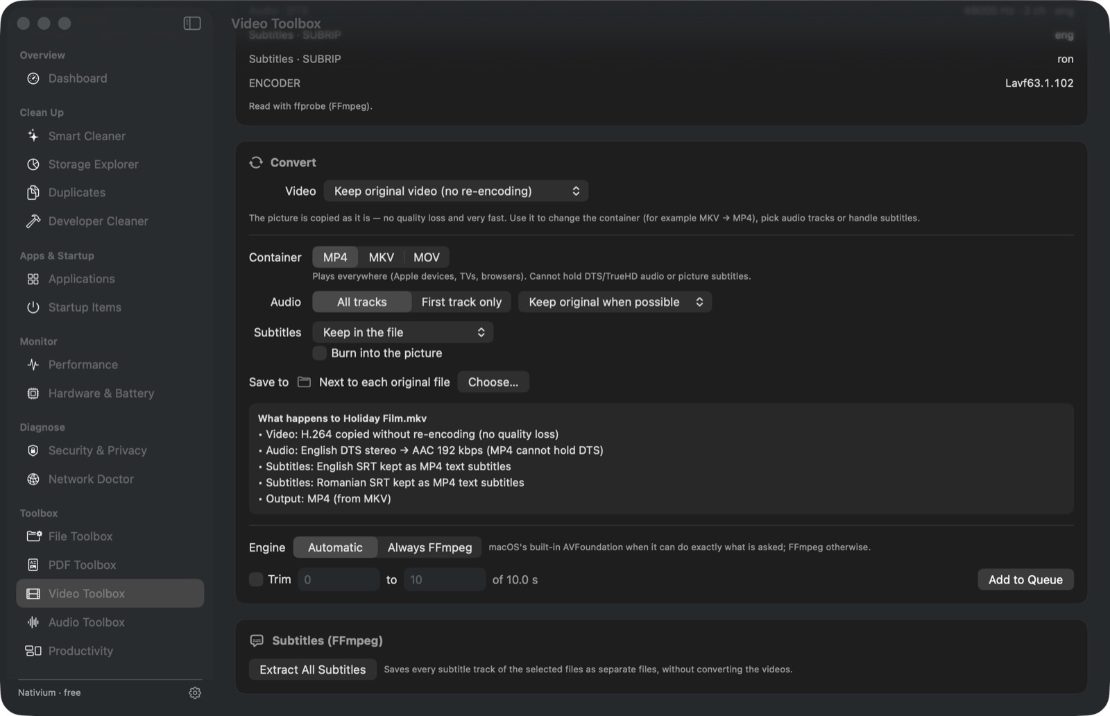 Video Toolbox showing container, audio and subtitle choices and a per-track plan